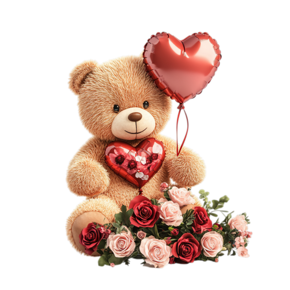 PNG Valentine's Teddy Bear with Heart Balloon and Floral Arrangement Against Transparent Background for Sweet Design Projects