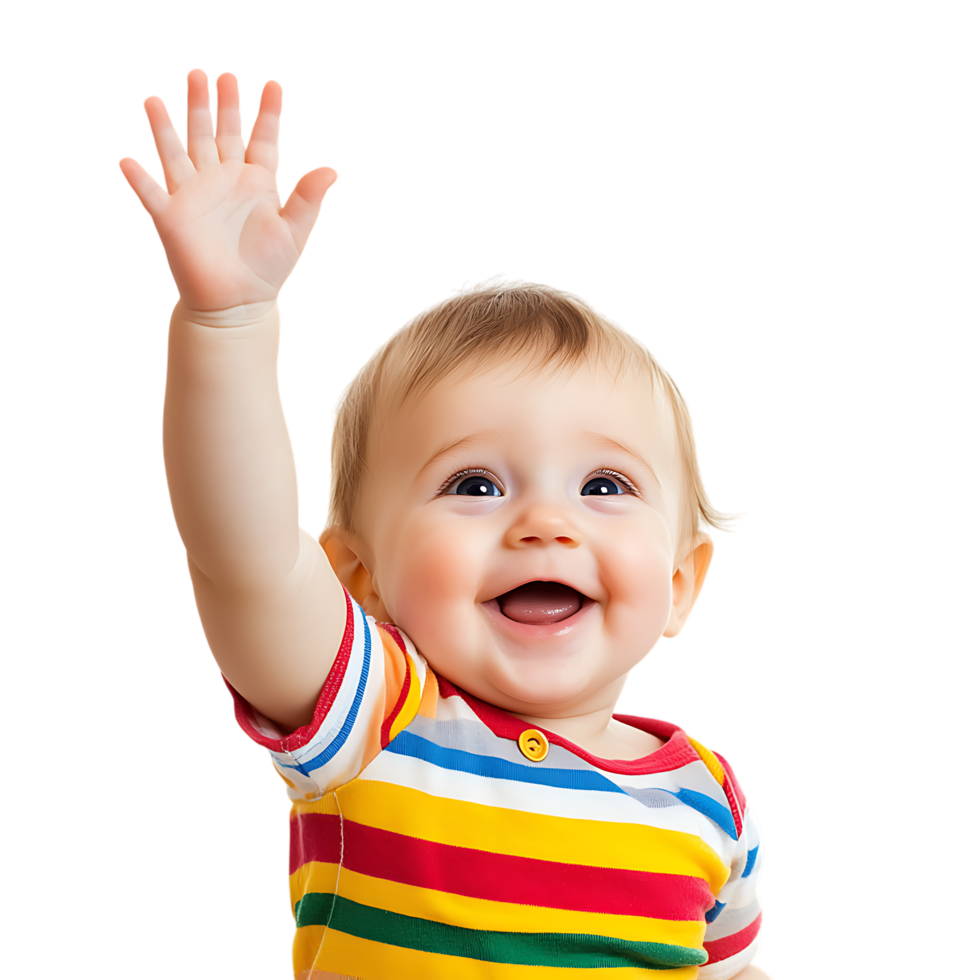 PNG Joyful Baby Raising Hand with a Bright Cheerful Smile Against Transparent Background