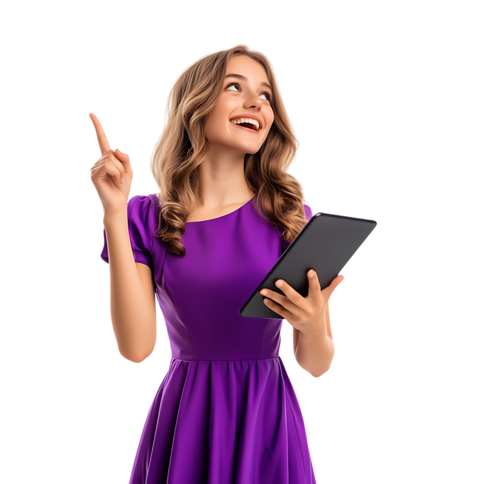 PNG Young Girl in Purple Dress Holding a Tablet and Pointing Against Transparent Background for Education Branding, Tech-Themed Graphics, or Digital Learning Promotions