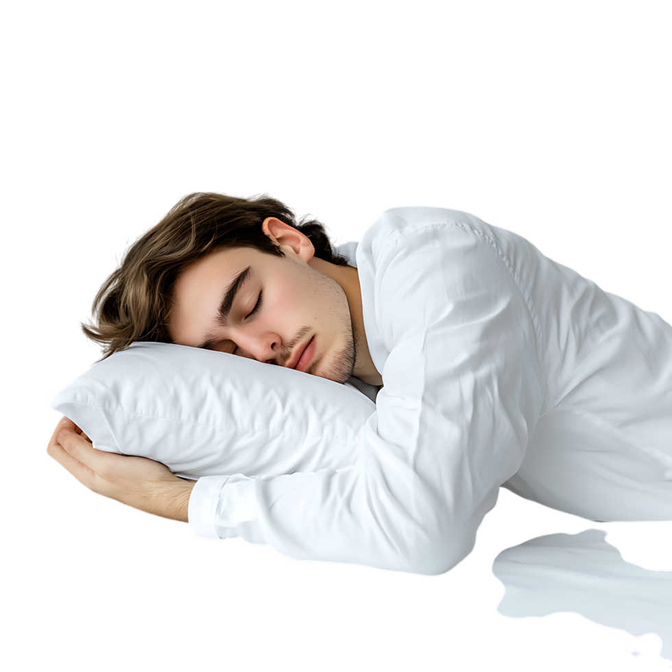 PNG Person Feeling Tired and Sleepy Resting on a Pillow Against Transparent Background