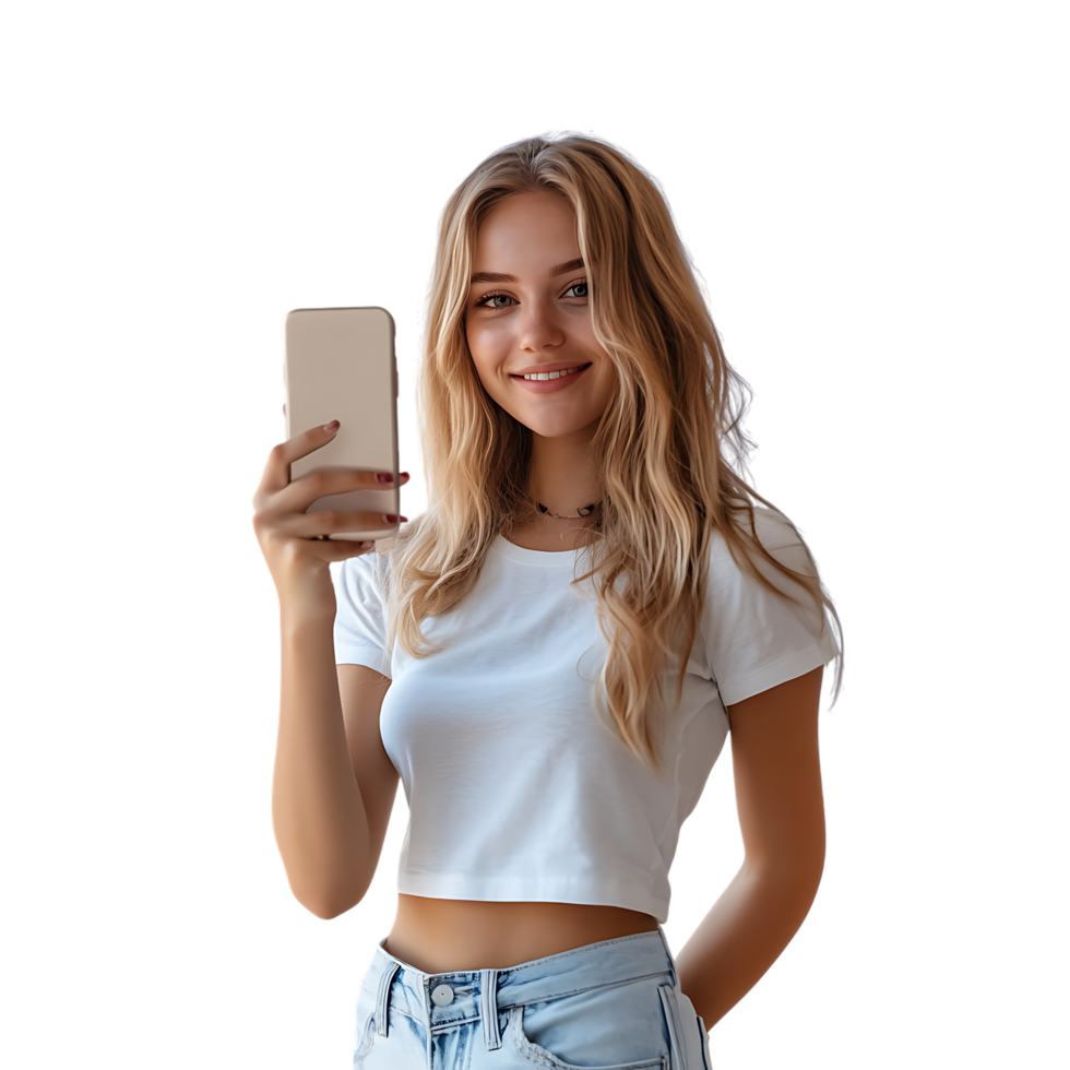 PNG Young Woman Taking a Selfie with a Smartphone Against Transparent Background for Social Media Branding, Influencer Promotions, or Lifestyle Graphics