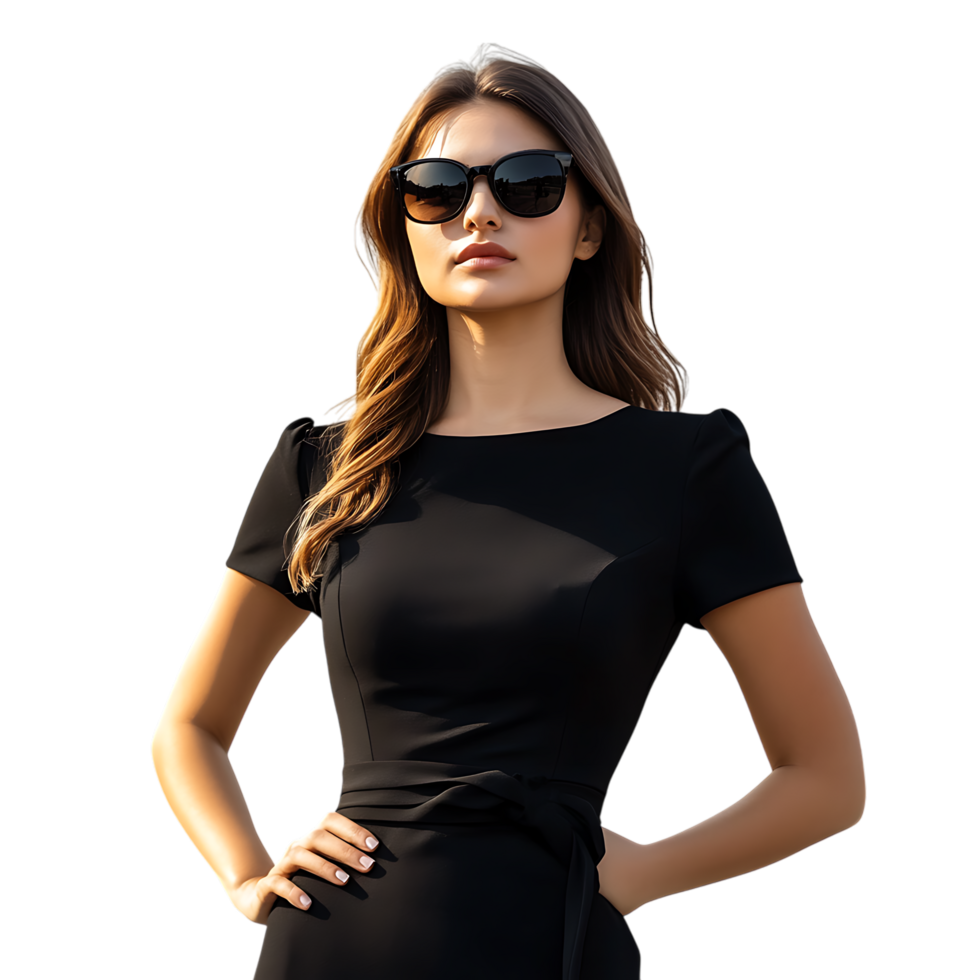 PNG Stylish Woman in Black Dress with Sunglasses Against Transparent Background