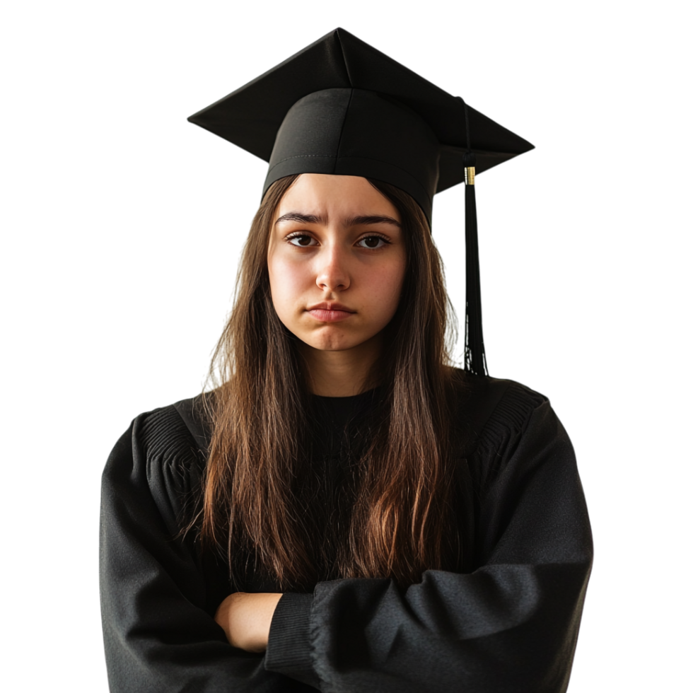 A graduate with her arms crossed and a black cap on her head png