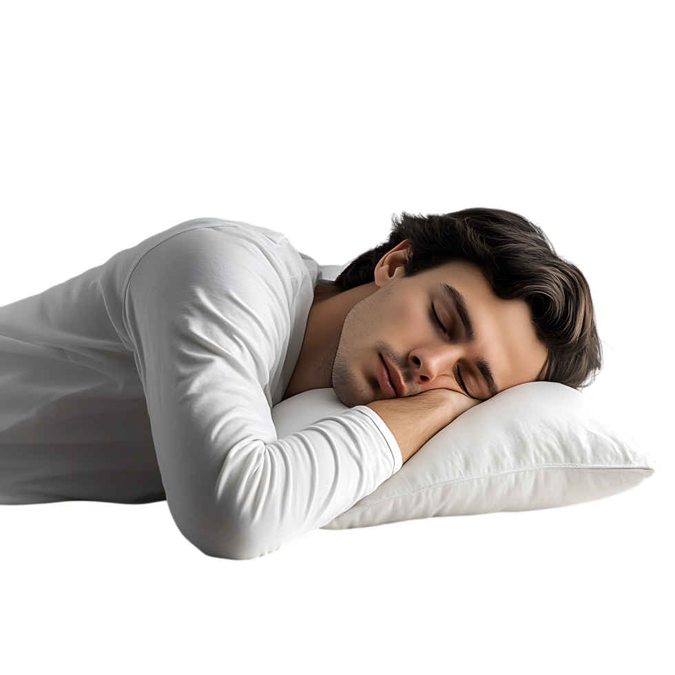 PNG Person Feeling Tired and Sleepy Resting on a Pillow Against Transparent Background