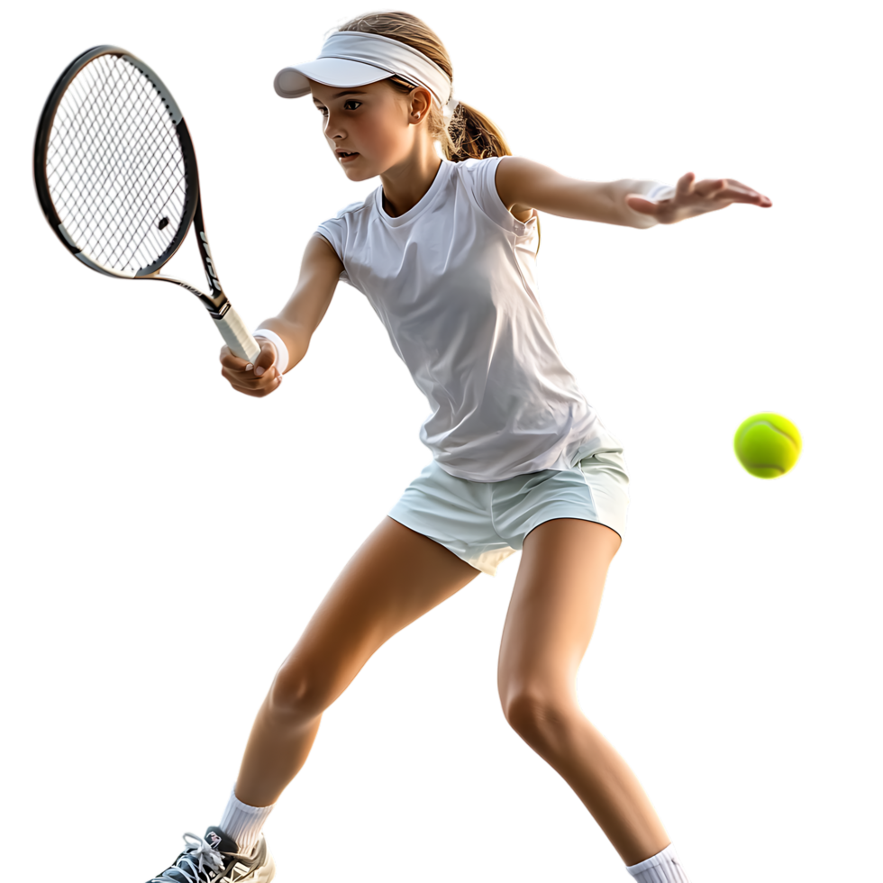 PNG Young Girl Playing Tennis in Action Against Transparent Background for Sports Branding, Tennis Promotions, or Fitness-Themed Graphics