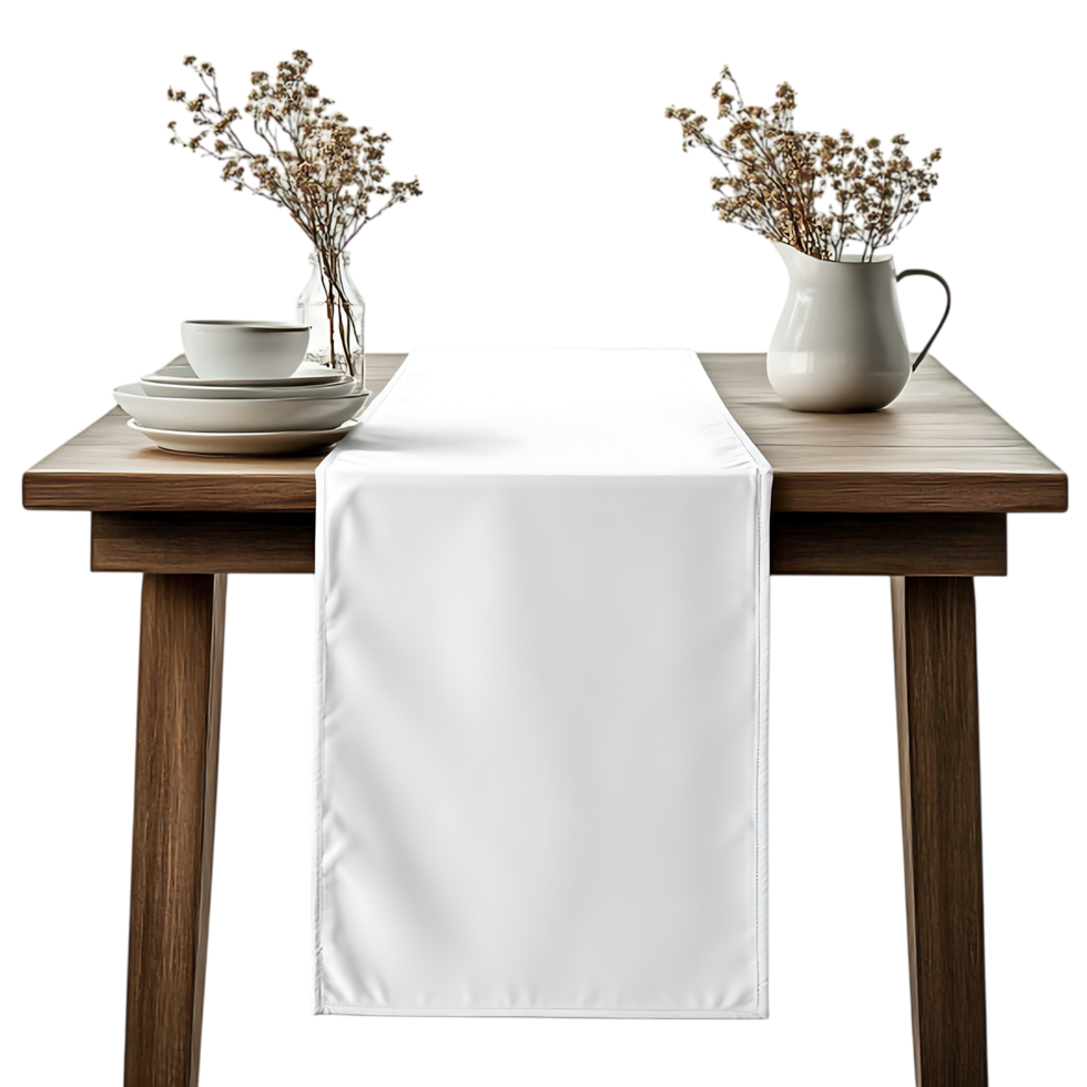 PNG Elegant White Table Runner on Wooden Table Against Transparent Background for Interior Design, Wedding Decor, or Luxury Home Styling