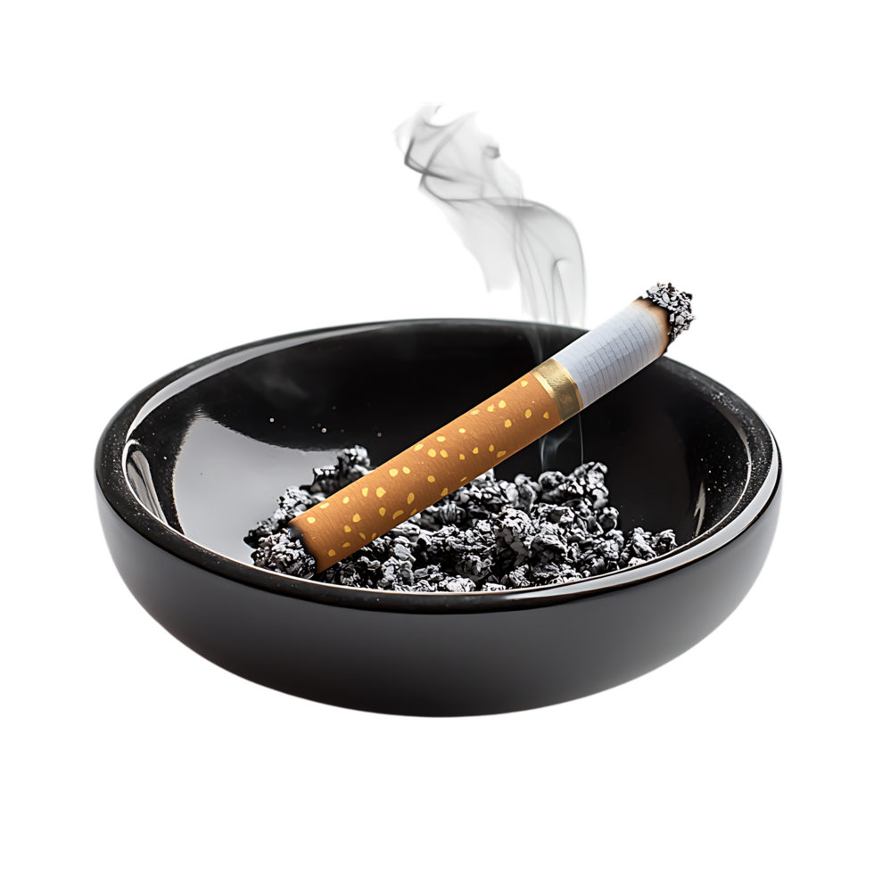 PNG Smoking Cigarette in Ashtray Close-Up Against Transparent Background