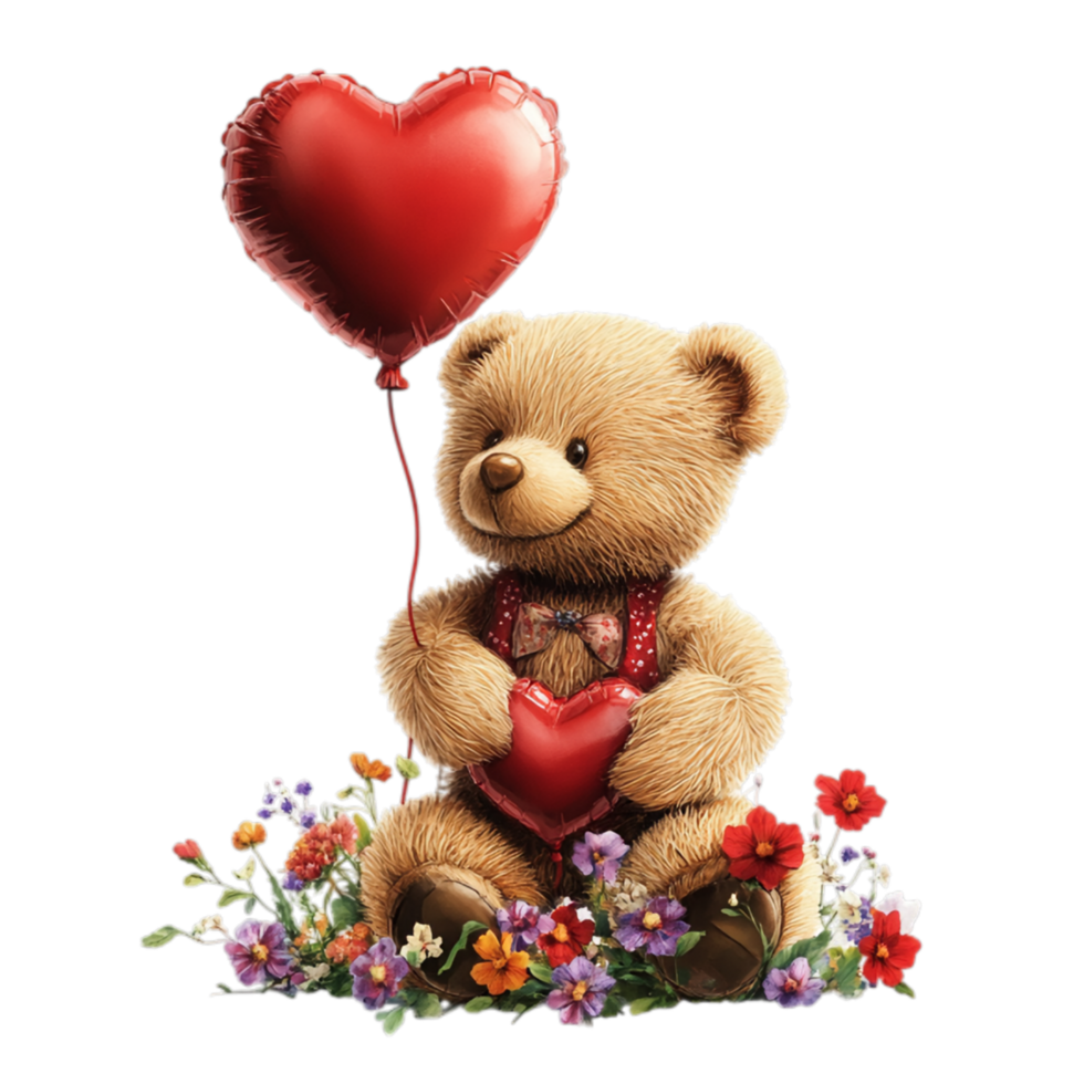 PNG Valentine's Teddy Bear with Heart Balloon and Floral Arrangement Against Transparent Background for Sweet Design Projects