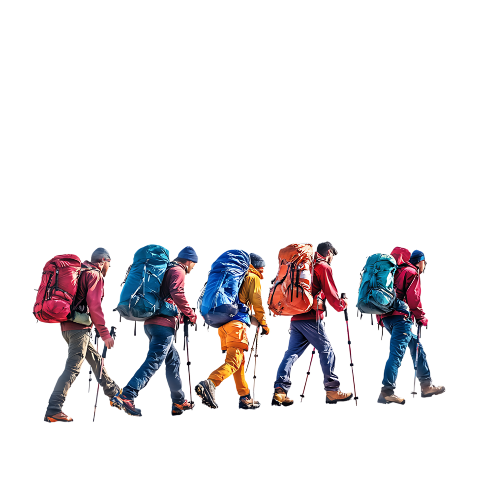 PNG Group of Hikers Trekking in Mountainous Landscape Against Transparent Background for Adventure, Travel, or Outdoor Branding Projects