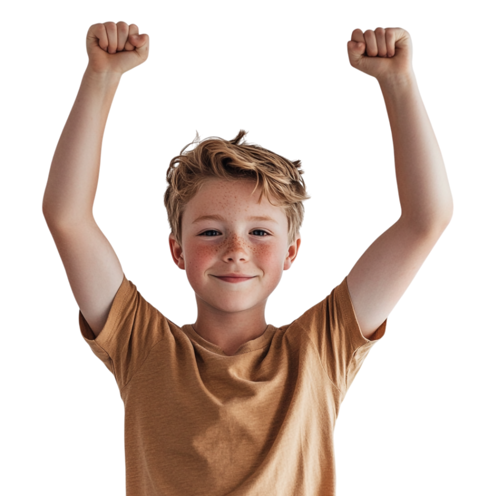 A boy with his arms up in the air isolated against white background png