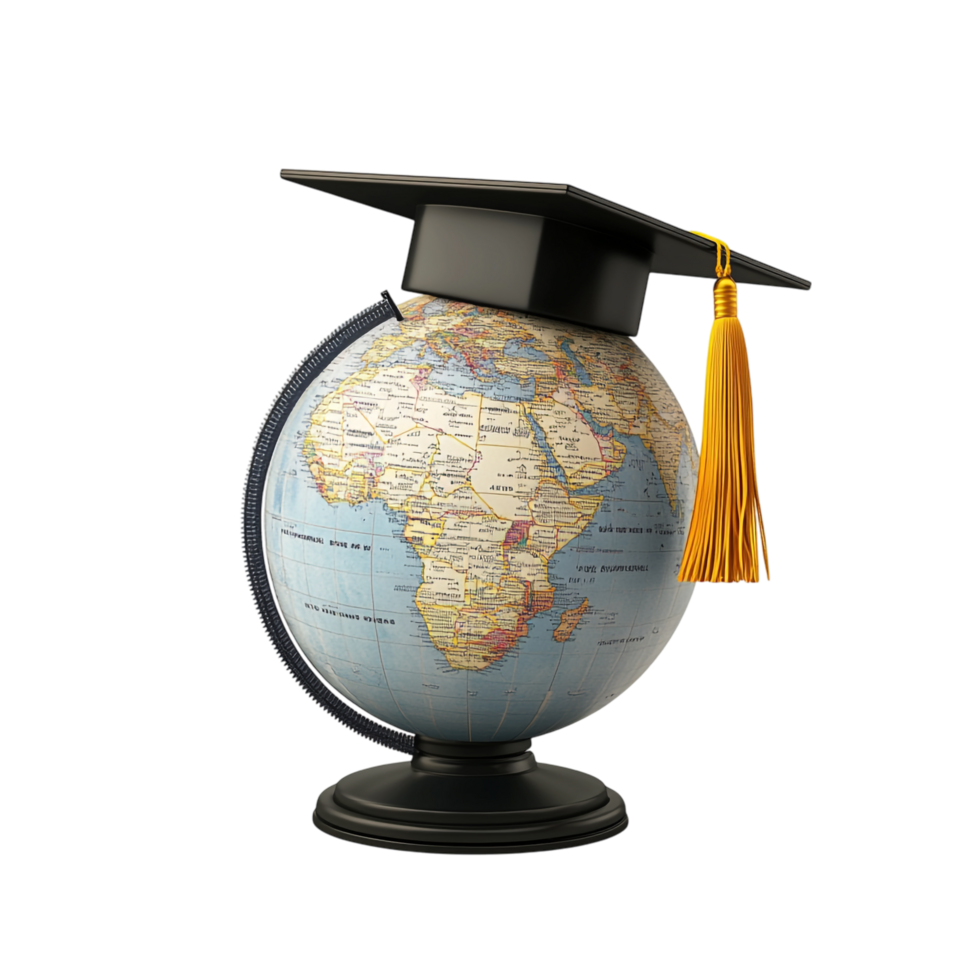 A globe featuring a graduation cap 3D rendering png