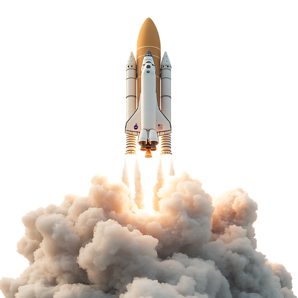 PNG White Rocket Launching into Space A 3D Render of a Spacecraft Against Transparent Background for Aerospace Branding, Science Illustrations, or Futuristic Concepts