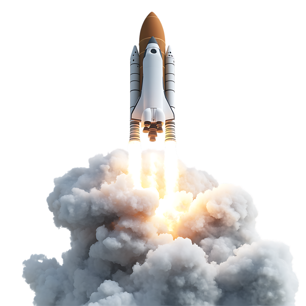 PNG White Rocket Launching into Space A 3D Render of a Spacecraft Against Transparent Background for Aerospace Branding, Science Illustrations, or Futuristic Concepts