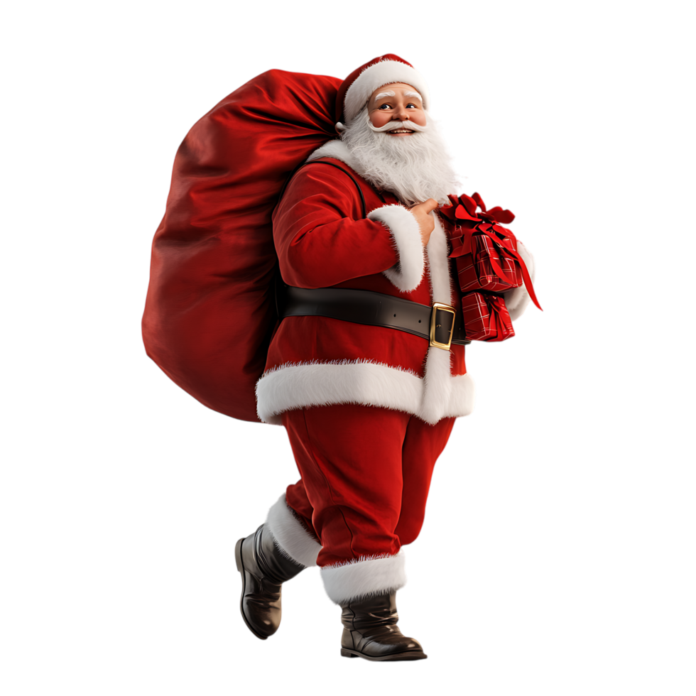 PNG Santa Claus Greeting with a Sack of Gifts Against Transparent Background