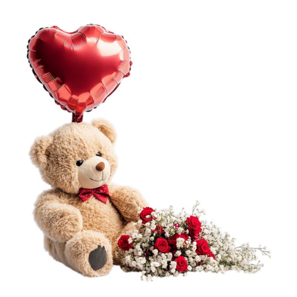 PNG Valentine's Teddy Bear with Heart Balloon and Floral Arrangement Against Transparent Background for Sweet Design Projects