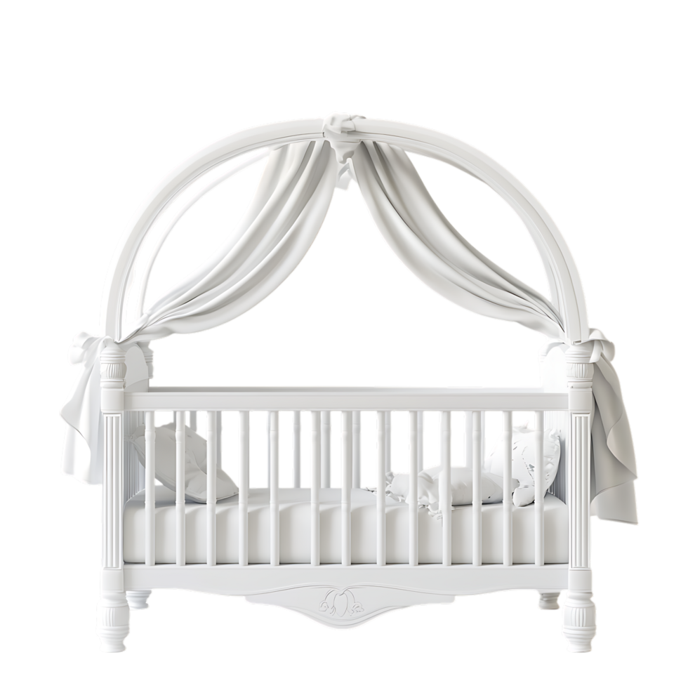 PNG White Baby Crib Nursery Furniture Infant Bedding Cradle Against Transparent Background for Baby Product Branding, Nursery Designs, or Furniture Marketing