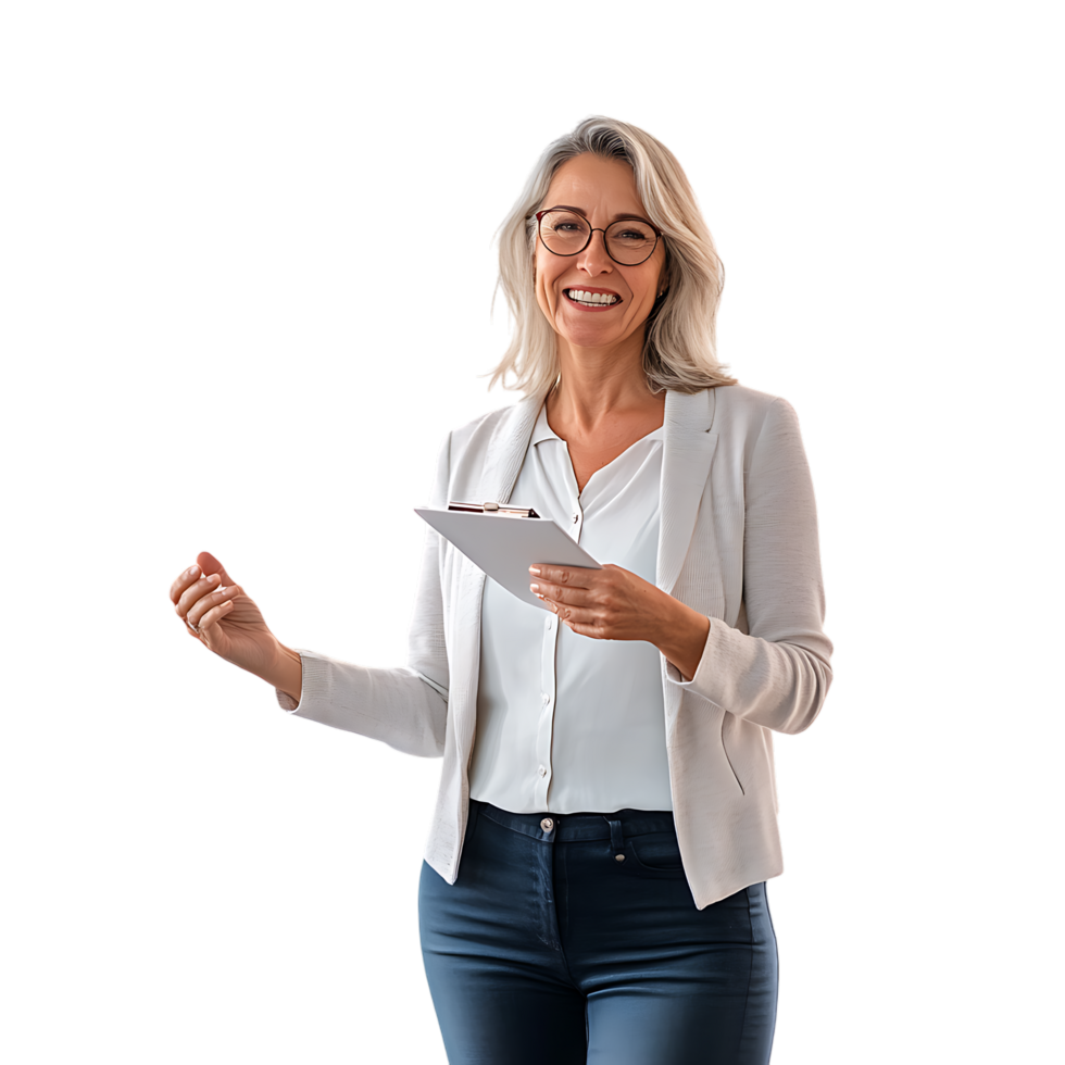PNG Smiling Mature Woman Giving Presentation on Flip Chart Against Transparent Background