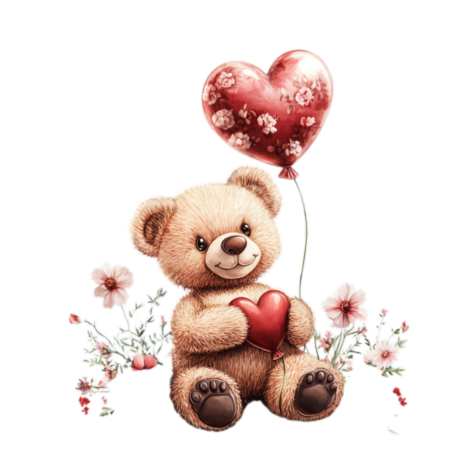 PNG Valentine's Teddy Bear with Heart Balloon and Floral Arrangement Against Transparent Background for Sweet Design Projects