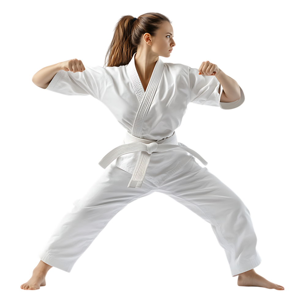 PNG Young Female Martial Artist Performing Karate Against Transparent Background for Sports Graphics, Martial Arts Promotions, or Fitness Branding