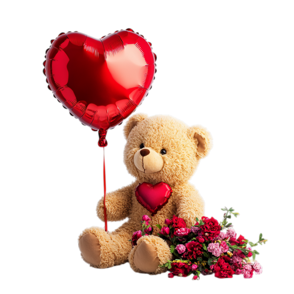PNG Valentine's Teddy Bear with Heart Balloon and Floral Arrangement Against Transparent Background for Sweet Design Projects