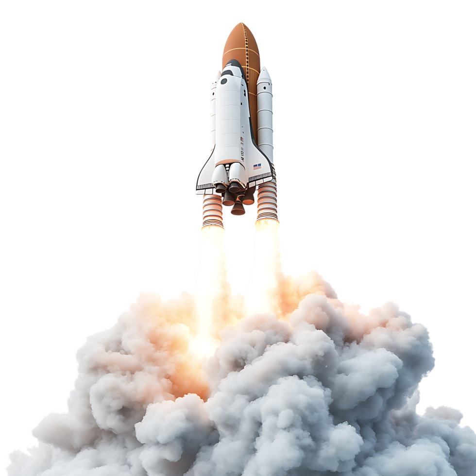 PNG White Rocket Launching into Space A 3D Render of a Spacecraft Against Transparent Background for Aerospace Branding, Science Illustrations, or Futuristic Concepts