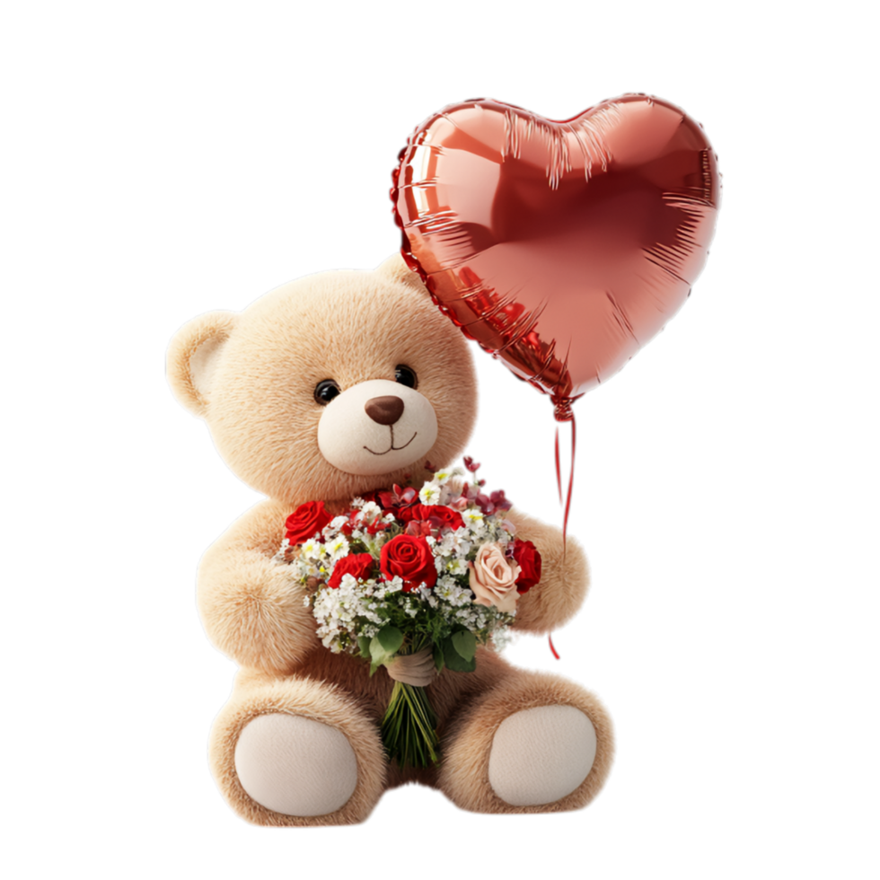 PNG Valentine's Teddy Bear with Heart Balloon and Floral Arrangement Against Transparent Background for Sweet Design Projects