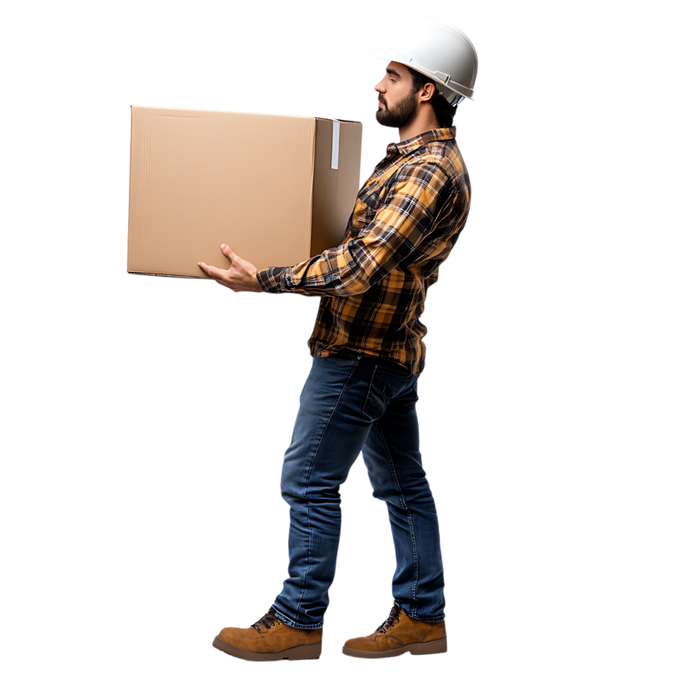 PNG Man in a Hard Hat and Casual Work Attire Lifts a Box Against Transparent Background