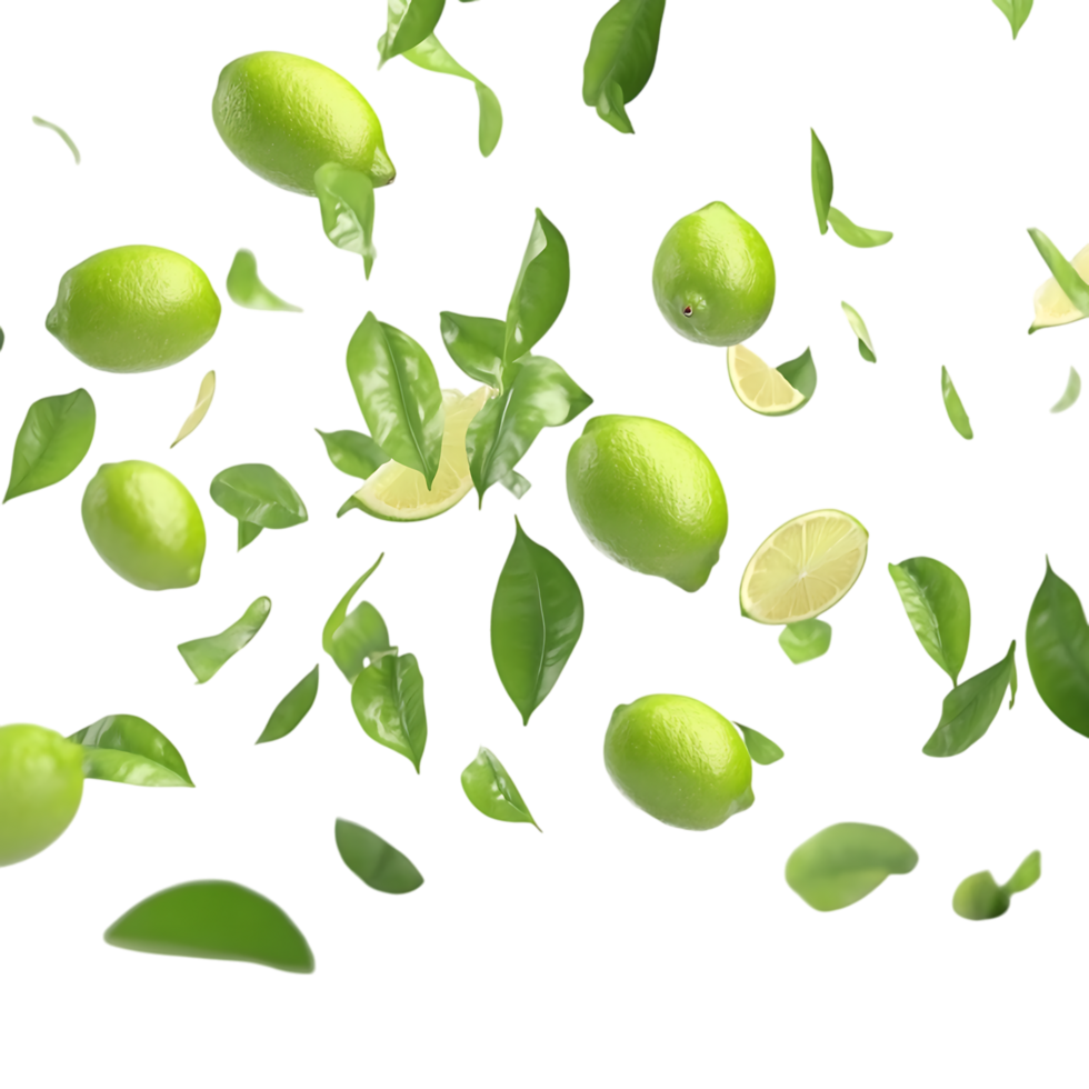 PNG Fresh Limes Falling Against Transparent Background for Beverage Branding, Citrus-Themed Designs, or Fresh Produce Advertisements