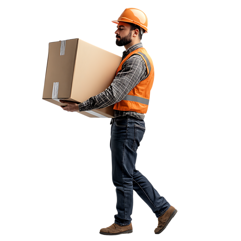 PNG Man in a Hard Hat and Casual Work Attire Lifts a Box Against Transparent Background