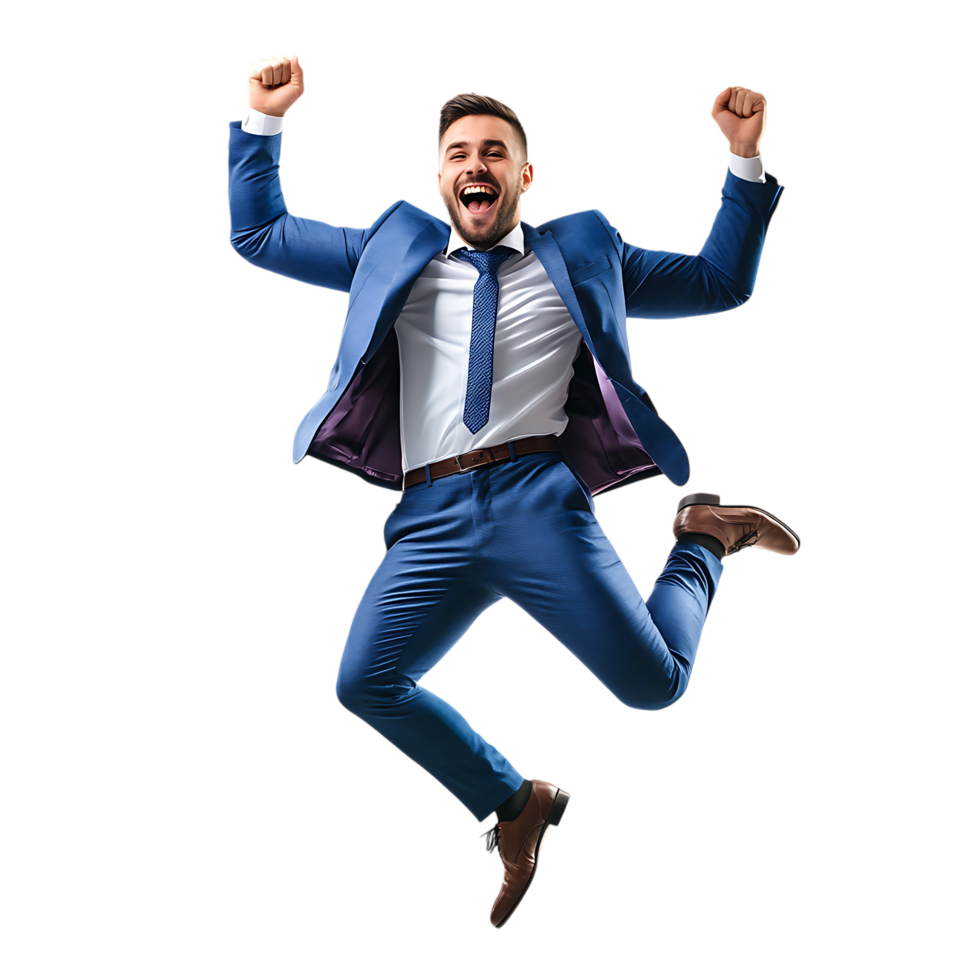 PNG Happy Man in Stylish Suit Jumping with Joy Against Transparent Background