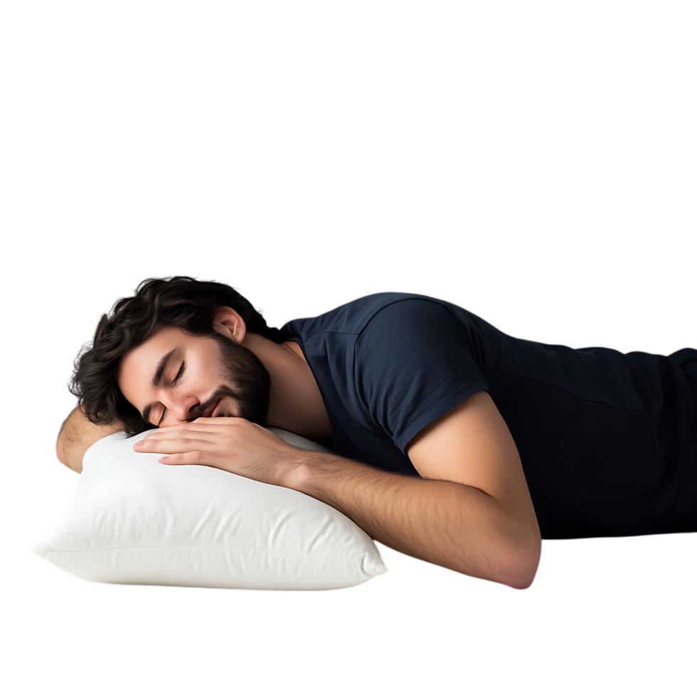 PNG Person Feeling Tired and Sleepy Resting on a Pillow Against Transparent Background