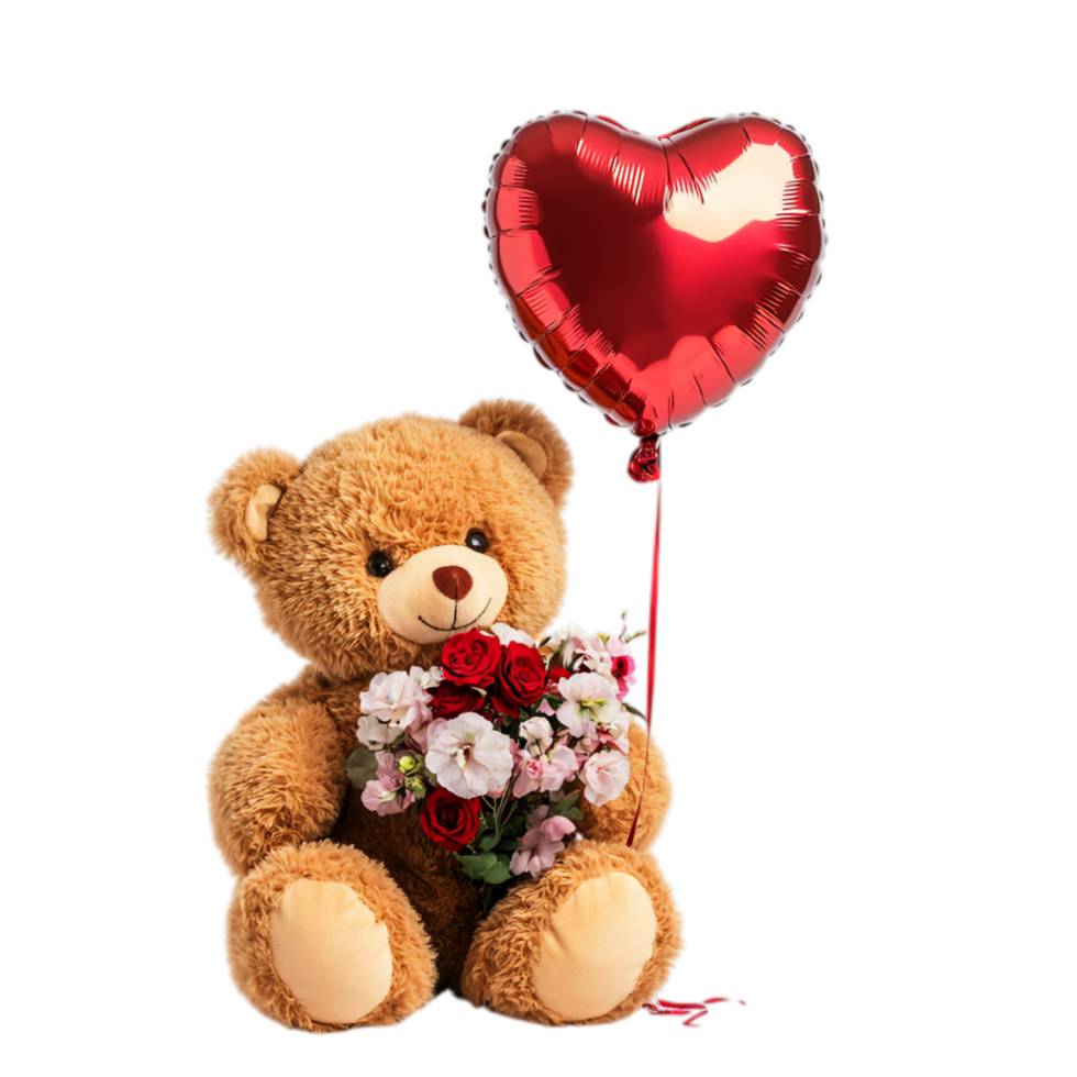 PNG Valentine's Teddy Bear with Heart Balloon and Floral Arrangement Against Transparent Background for Sweet Design Projects