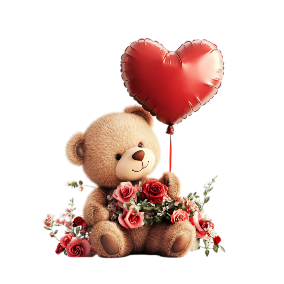 PNG Valentine's Teddy Bear with Heart Balloon and Floral Arrangement Against Transparent Background for Sweet Design Projects