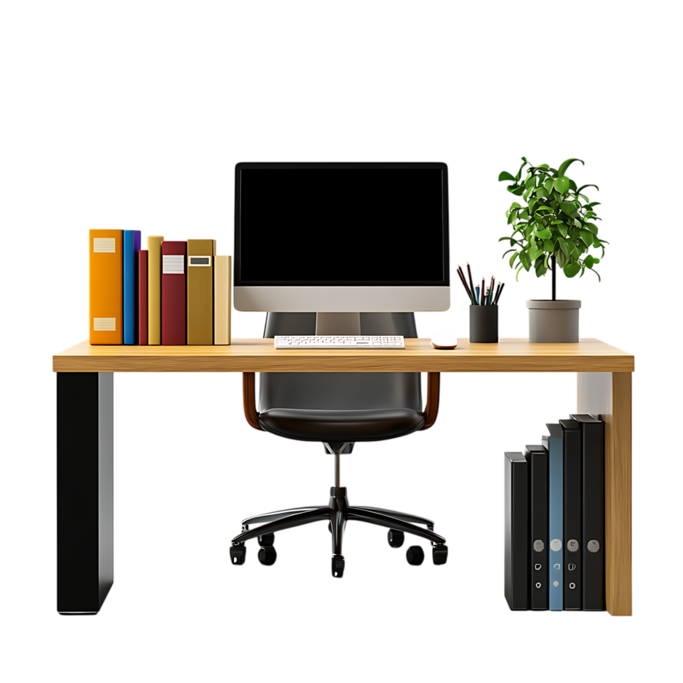 PNG Wooden Office Desk with Computer Keyboard, Mouse, and Books Against Transparent Background for Work-from-Home Branding, Productivity Designs, or Office Mockups