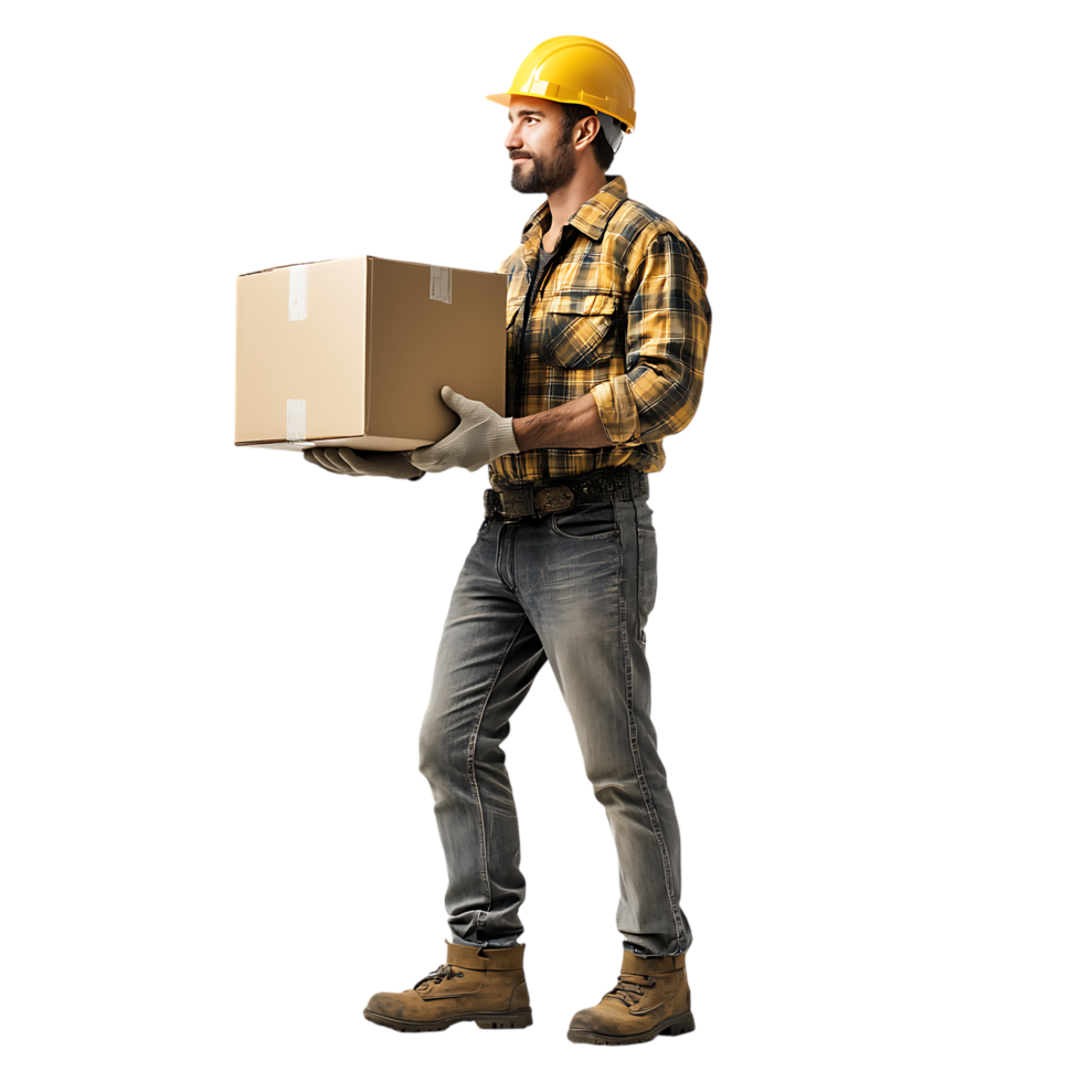 PNG Man in a Hard Hat and Casual Work Attire Lifts a Box Against Transparent Background