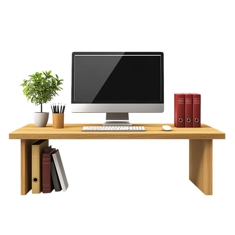 PNG Wooden Office Desk with Computer Keyboard, Mouse, and Books Against Transparent Background for Work-from-Home Branding, Productivity Designs, or Office Mockups