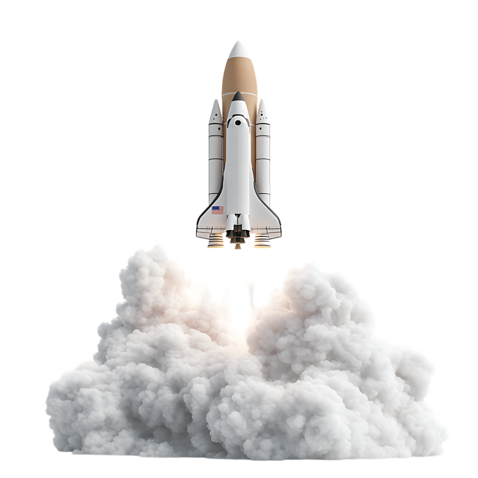 PNG White Rocket Launching into Space A 3D Render of a Spacecraft Against Transparent Background for Aerospace Branding, Science Illustrations, or Futuristic Concepts