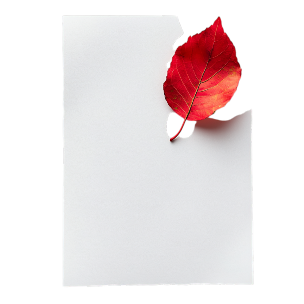 PNG White Paper with Red Leaves and a Red Leaf on It Against Transparent Background for Elegant Design Projects