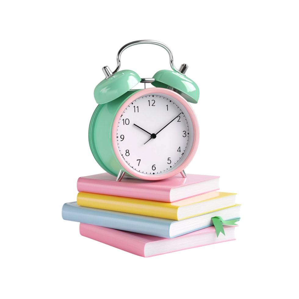 Alarm Clock with Stack of Books - Back to School Concept png