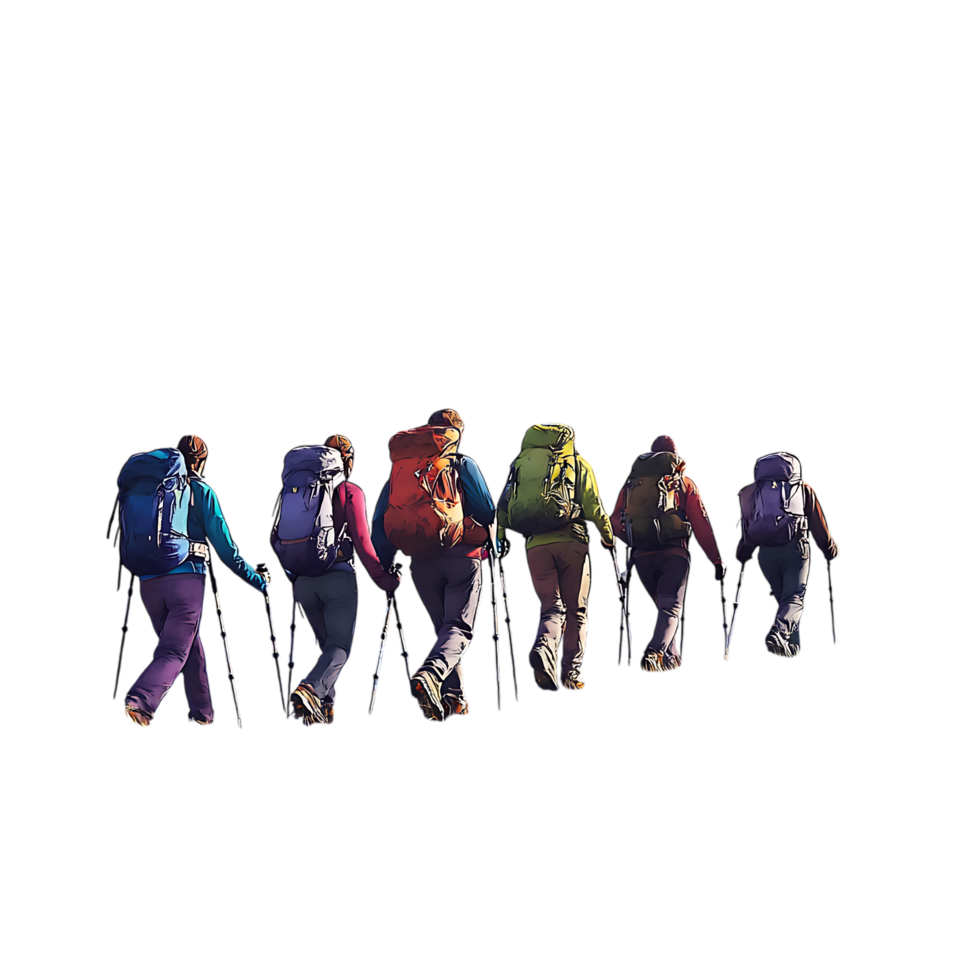PNG Group of Hikers Trekking in Mountainous Landscape Against Transparent Background for Adventure, Travel, or Outdoor Branding Projects