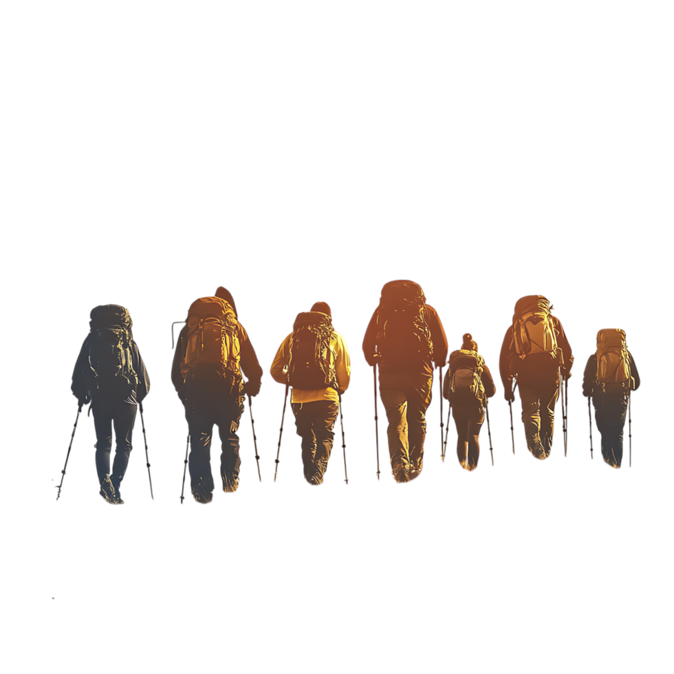 PNG Group of Hikers Trekking in Mountainous Landscape Against Transparent Background for Adventure, Travel, or Outdoor Branding Projects