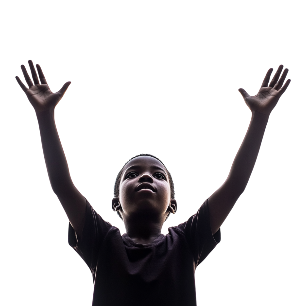 A boy with his arms up in the air isolated against white background png