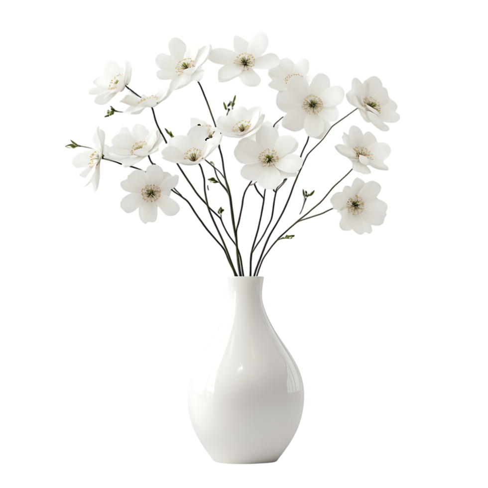 PNG Elegant White Vase with Delicate White Flowers Against Transparent Background for Home Decor Branding, Minimalist Design, or Wedding Arrangements