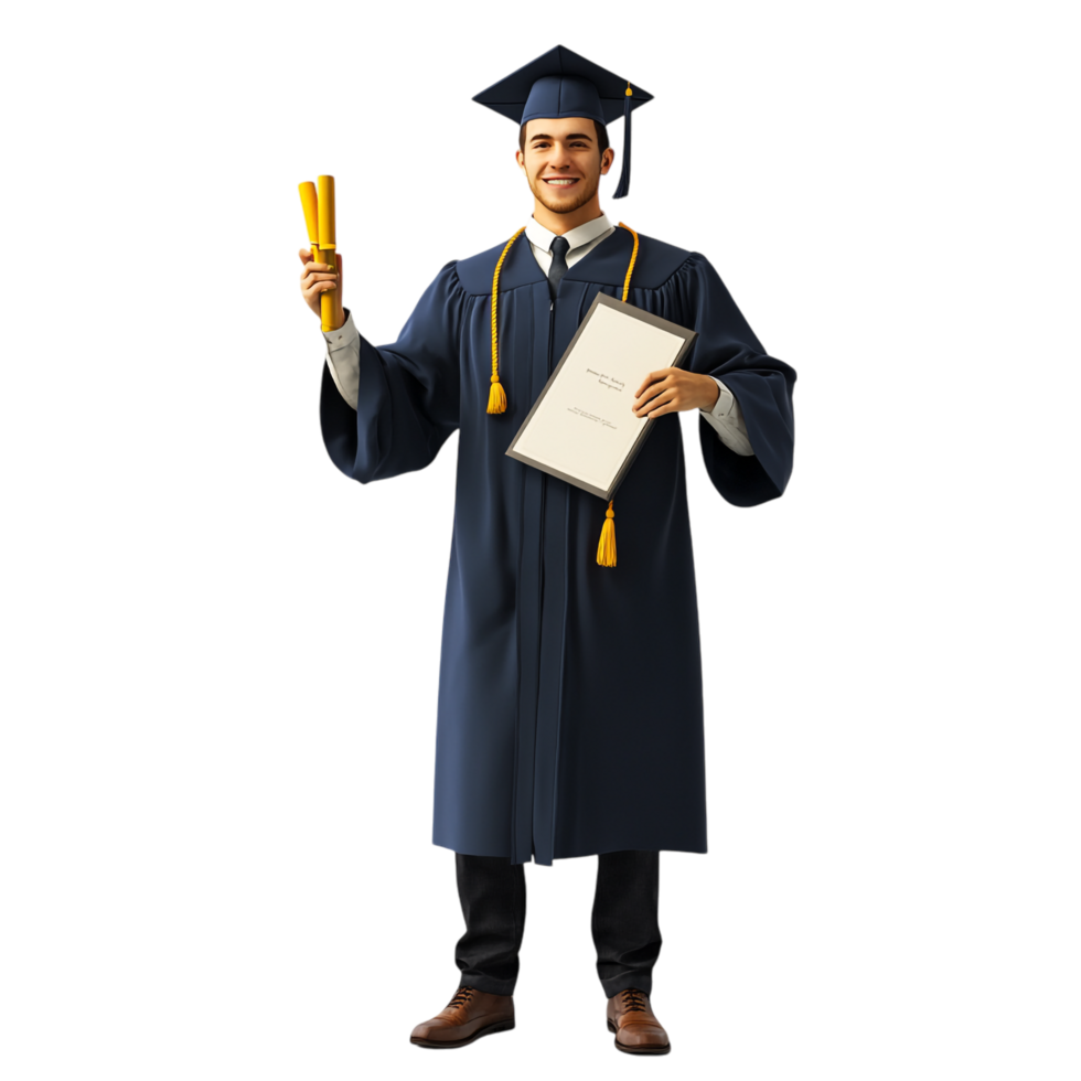 A confident male graduate student wearing a cap and gown png