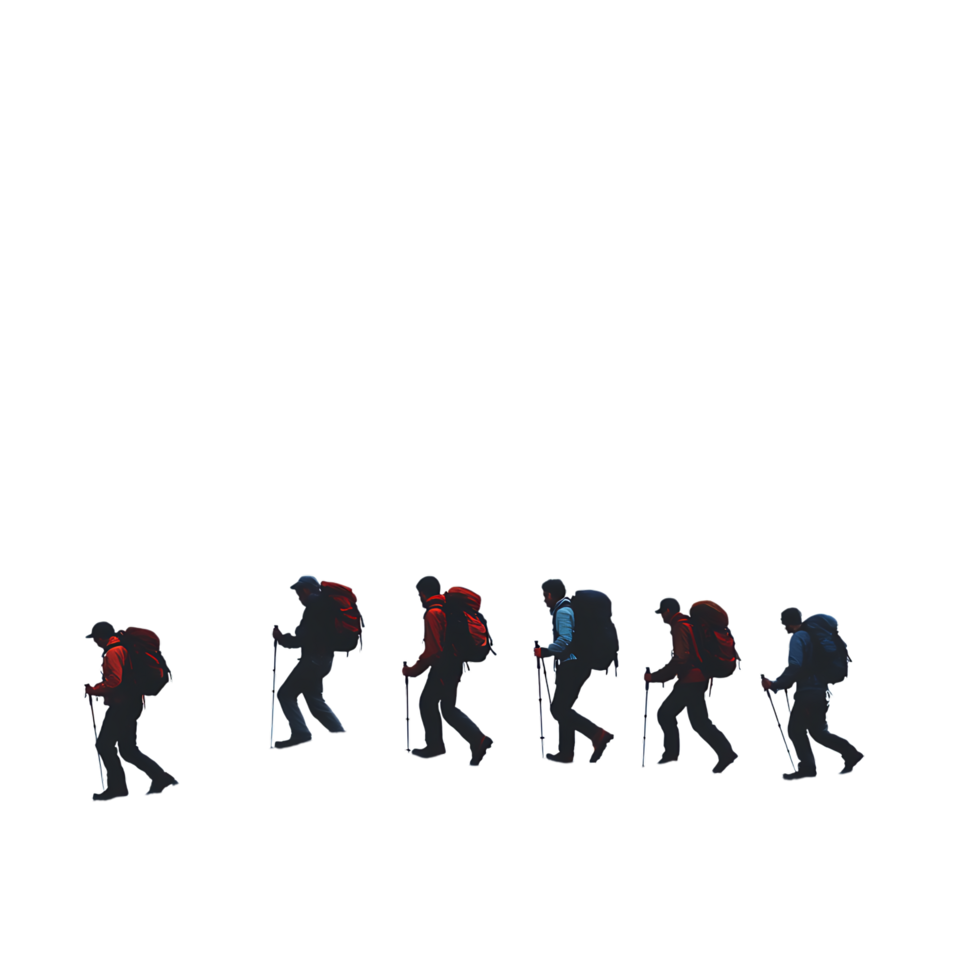 PNG Group of Hikers Trekking in Mountainous Landscape Against Transparent Background for Adventure, Travel, or Outdoor Branding Projects