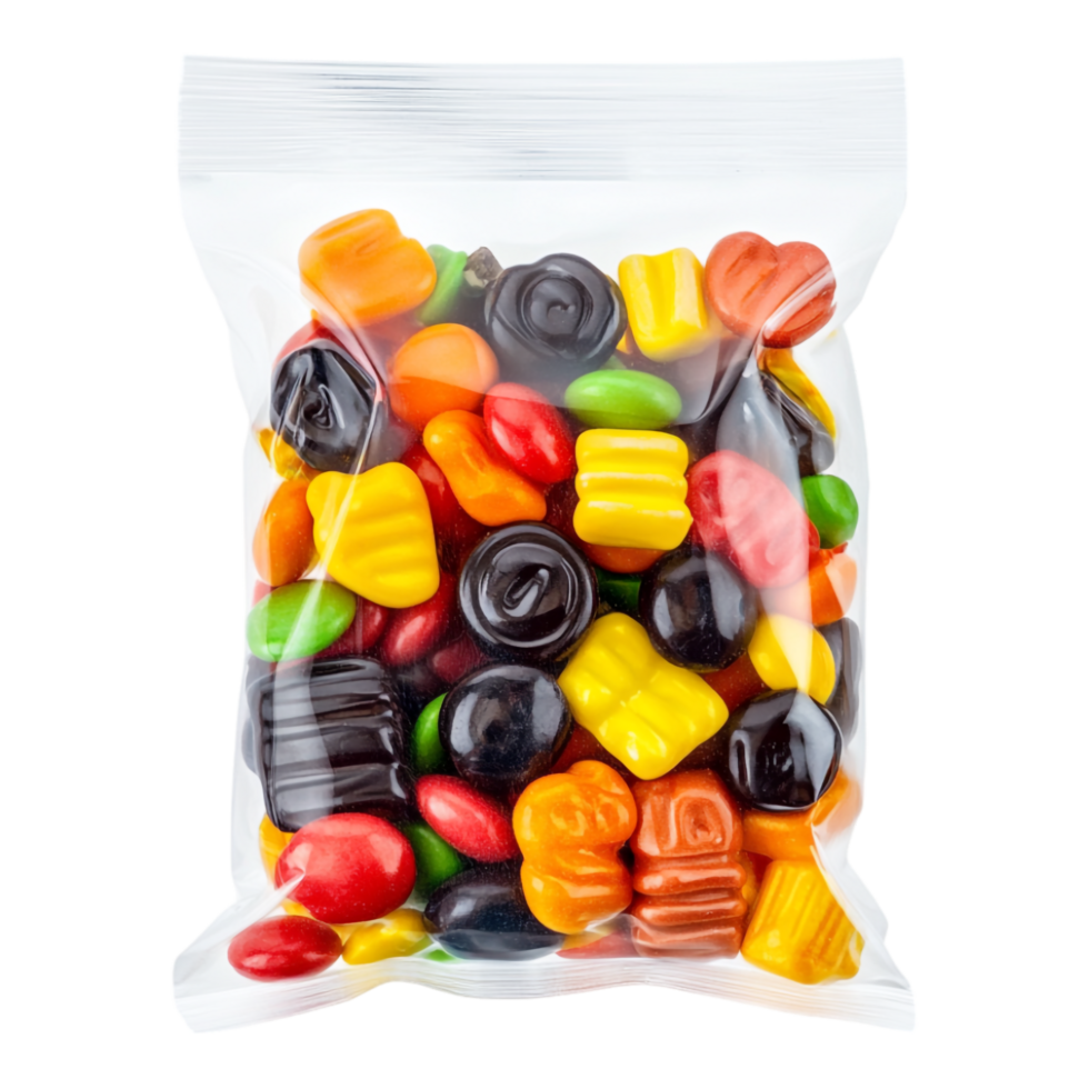 Polyethylene package for candies isolated against transparent background png