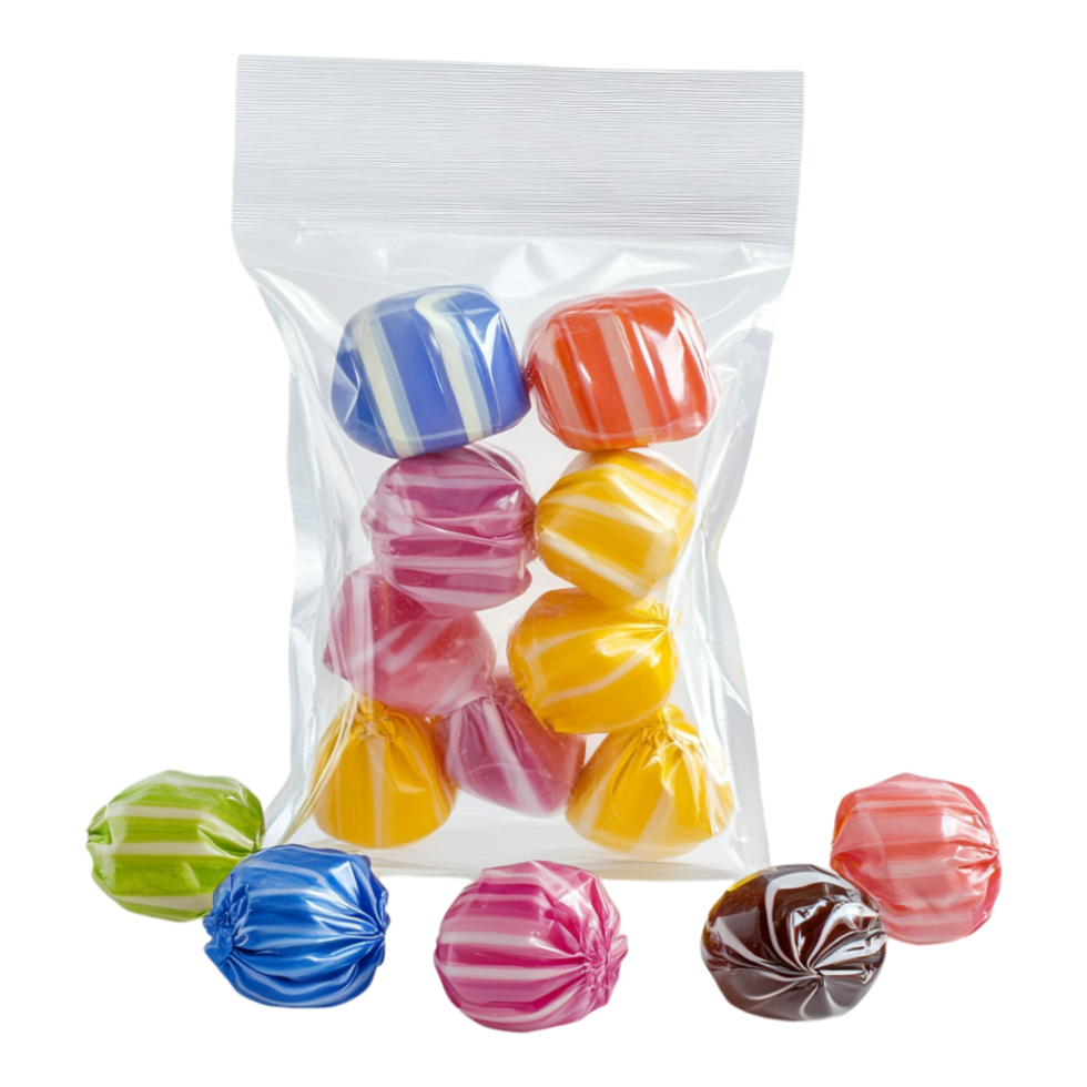 Polyethylene package for candies isolated against transparent background png