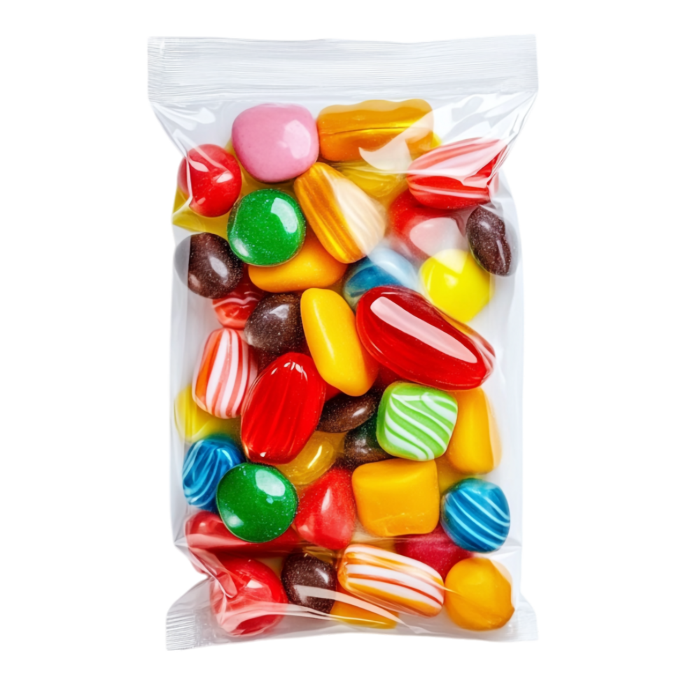 Polyethylene package for candies isolated against transparent background png