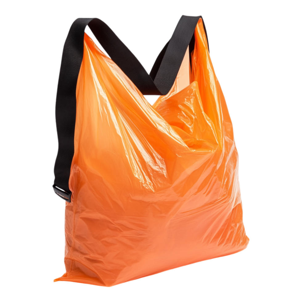 Orange bag with a black strap attached, containing items, isolated against a transparent background png