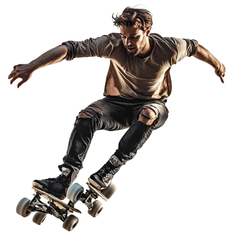 Young professional roller skater performing tricks against a transparent background png